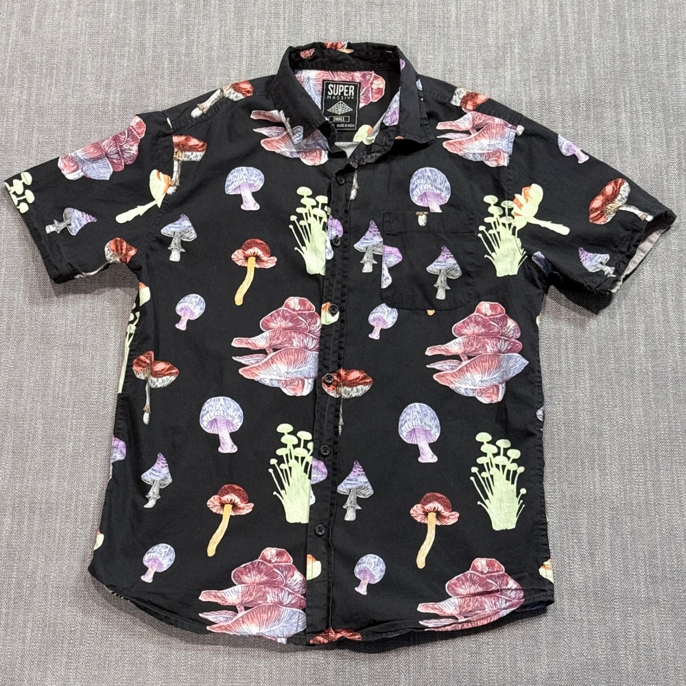 Super Massive Mens Mushroom Print Button Down Shirt Black Short Sleeve Small